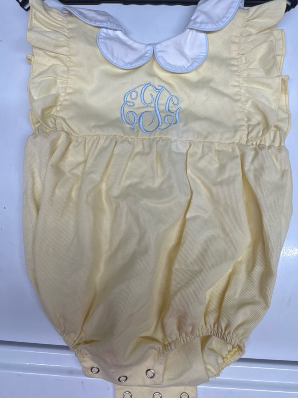 Yellow Monogrammed Baby Bubble Romper with White Peter Pan Collar